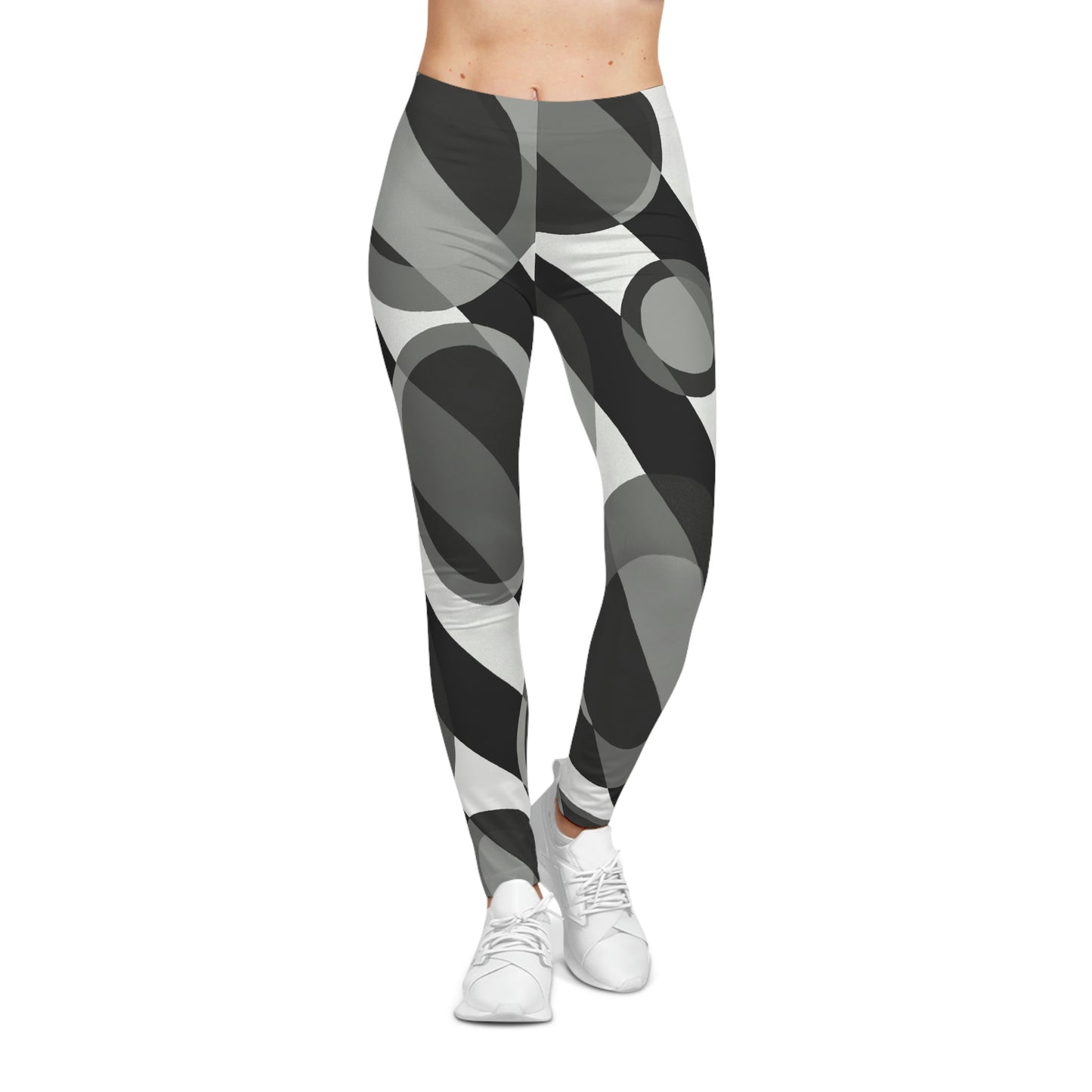 Bubble 2 Women’s Casual Leggings featuring a monochrome 60s-inspired abstract design with overlapping circles and diagonal bands. Retro artistic print-on-demand fashion created by an independent artist for stylish yoga, streetwear, and everyday wear.
