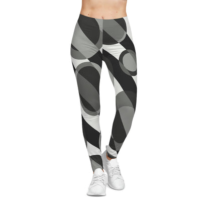 Bubble 2 Women’s Casual Leggings featuring a monochrome 60s-inspired abstract design with overlapping circles and diagonal bands. Retro artistic print-on-demand fashion created by an independent artist for stylish yoga, streetwear, and everyday wear.