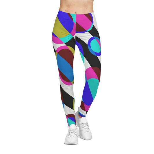 Bubble 3 Women’s Casual Leggings featuring colorful overlapping 60s-inspired abstract shapes. Retro pop art design by independent creator, artistic print-on-demand leggings for yoga, streetwear, or bold fashion looks.