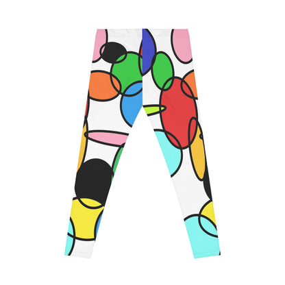 Chaine Women’s Casual Leggings featuring colorful 60s-inspired circles and ovals. Artistic retro pop art design by independent creator, available in a matching unisex hoodie for a complete bold outfit.