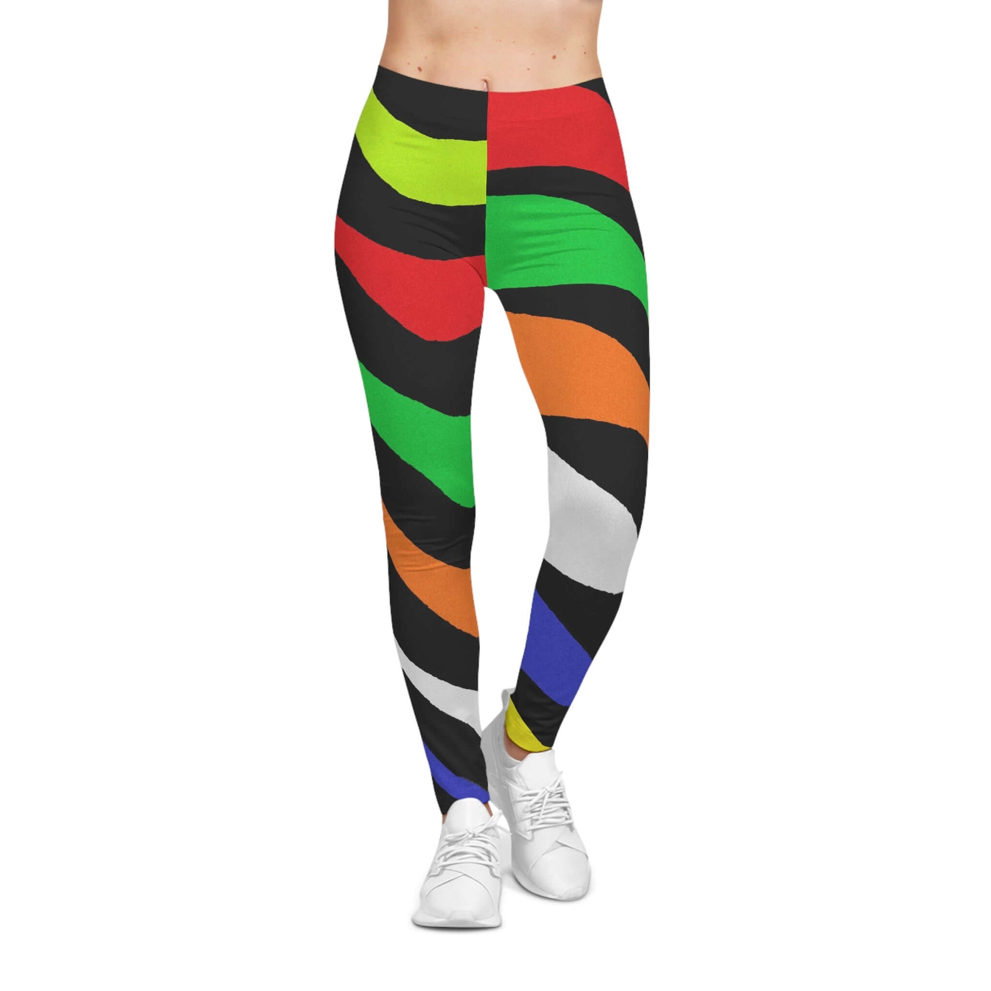 Courbes women’s casual leggings featuring a bold abstract vintage design with colorful wavy bands in red, green, orange, yellow, blue, black, and white. Perfect for yoga, workouts, or expressive fashion styling.