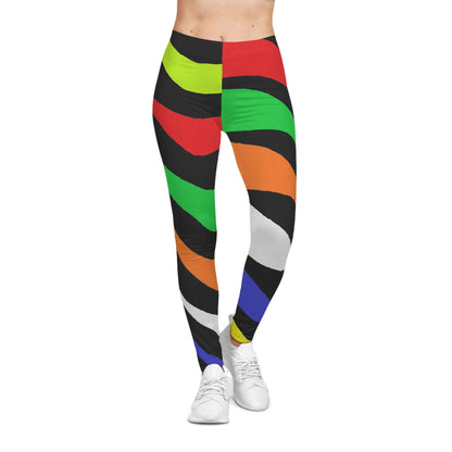 Courbes women’s casual leggings featuring a bold abstract vintage design with colorful wavy bands in red, green, orange, yellow, blue, black, and white. Perfect for yoga, workouts, or expressive fashion styling.