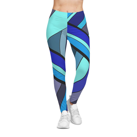 Crossing Women’s Casual Leggings with retro 60s-inspired abstract design in vibrant shades of blue. Artistic print-on-demand fashion by independent creator, perfect for yoga, streetwear, and bold everyday outfits.
