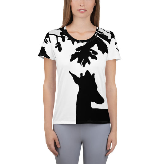 Women’s athletic t-shirt with a black silhouette of a deer standing under leafy tree branches, printed in a high-contrast black and white nature design.