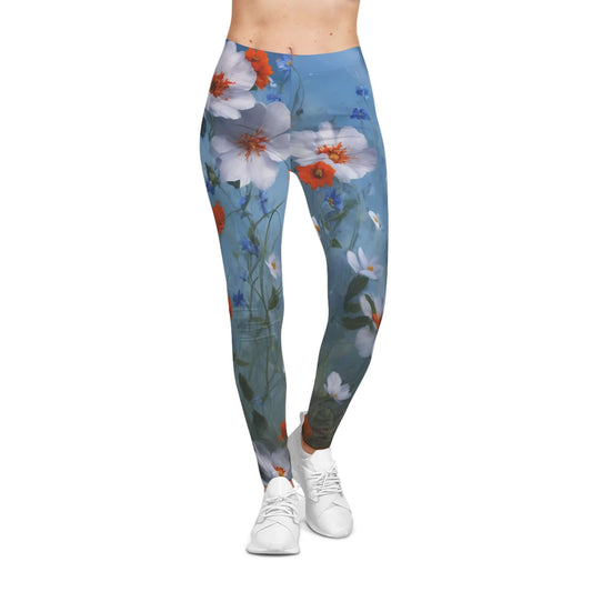 Elegant women’s casual leggings featuring Marcel W-Dagrou’s floral design Fleurs dans une Tempête, with delicate white, red, and blue blossoms on a sky-blue background, perfect for yoga, fashion, and daily artistic wear.