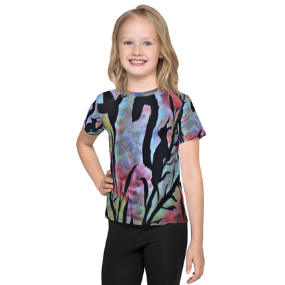 Child wearing a Kids T-Shirt with Animals fantasy design showing a squirrel and a bird in a colorful magical nature scene, inspired by dreams and imagination.