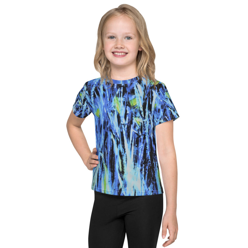 Child wearing a Kids T-Shirt with Colors 5 design inspired by impressionist art, showing tall blue grass and flowers in an abstract nature scene, artistic and modern.