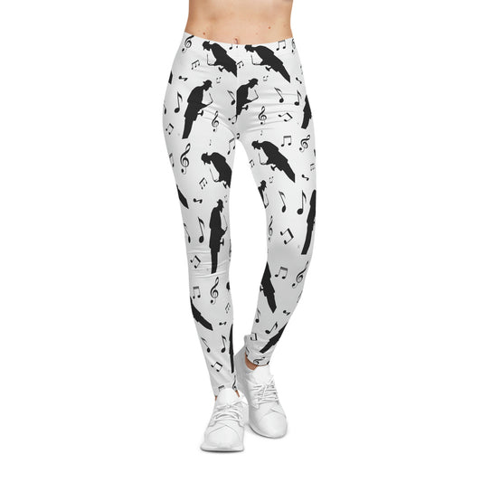 Artistic black-and-white leggings featuring jazz saxophonist silhouettes and musical notes. Created by Marcel W-Dagrou for allmyart.net, these Women’s Casual Leggings combine comfort, rhythm, and elegance for creative, fashion-forward women.