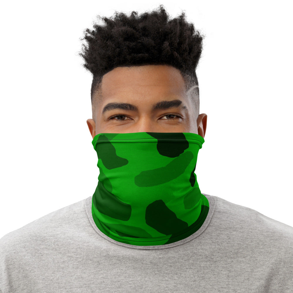 Neck Gaiter – Camouflage 2 Green Gradient Edition, green camouflage pattern with gradient tones, lightweight breathable neck accessory for men and women made from eco-friendly materials.