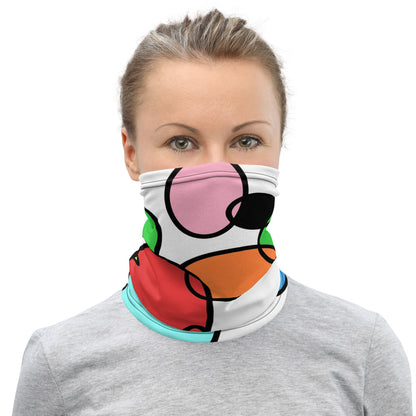 Neck Gaiter – Chaine Retro Circles Edition, colorful 60s 70s circular shapes design with vibrant tones, artistic eco-friendly neck accessory for men and women.