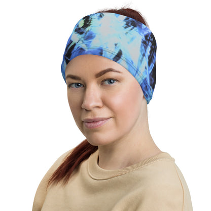 Neck Gaiter – Colors 5 Impressionist Nature Edition, blue-dominant impressionist pattern inspired by grass and flowers, artistic eco-friendly neck accessory for men and women.