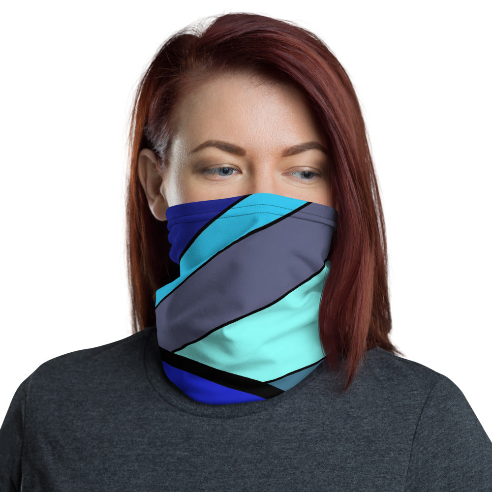 Neck Gaiter – Crossing Retro Lines Edition, abstract geometric 60s 70s pattern in turquoise, navy and gray, artistic eco-friendly neck accessory for men and women.