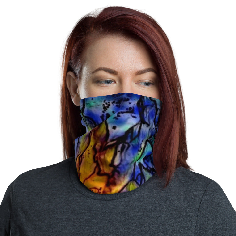 Neck Gaiter – What Impressionist Floral Edition, colorful impressionist floral pattern with dominant blue and orange tones, artistic eco-friendly neck accessory for men and women.
