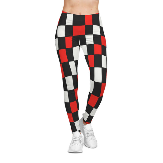 Retro Checkerboard Women’s Casual Leggings in black, white, and red with bold 60s-inspired geometric pattern. Artistic and fashionable design for yoga, streetwear, and everyday style.