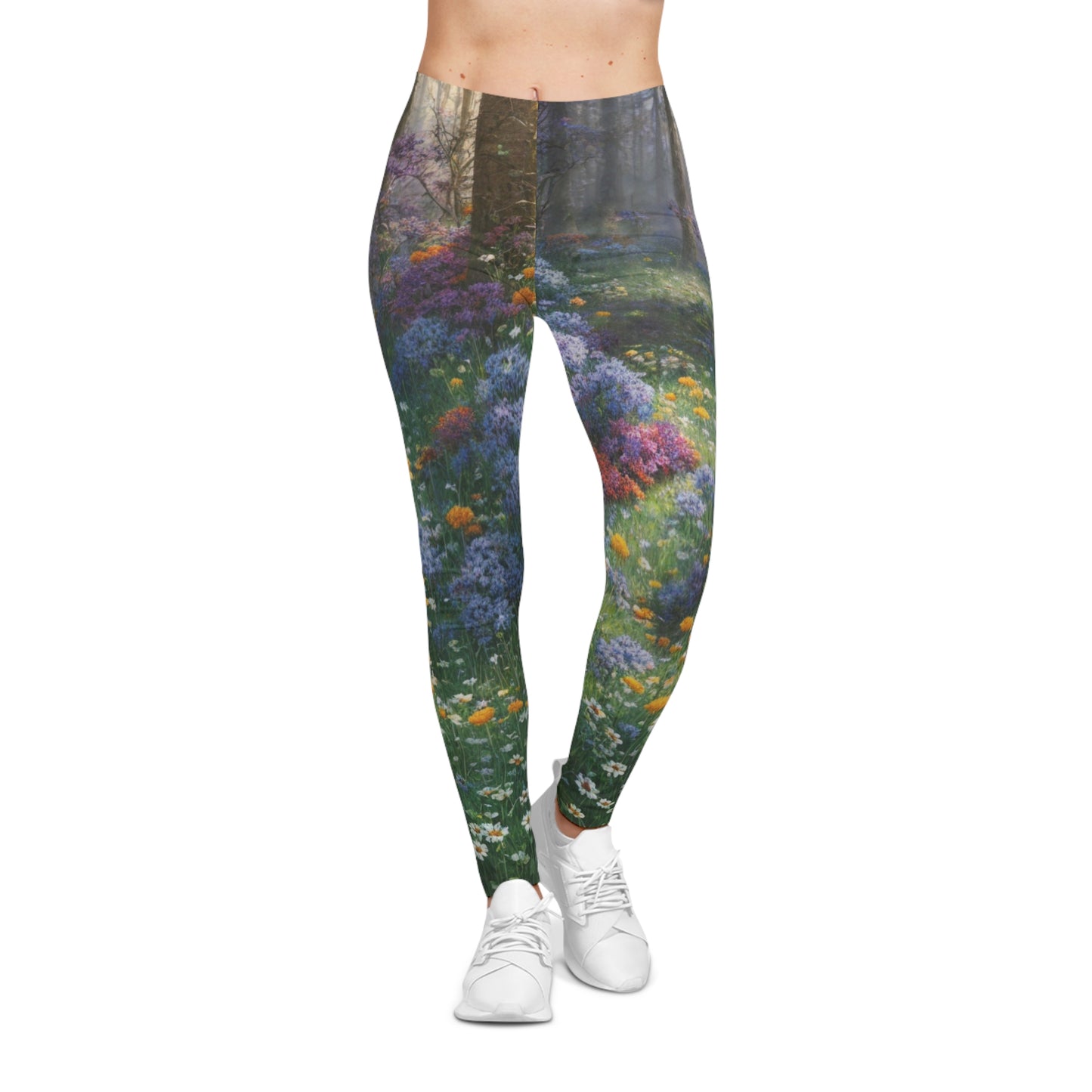 Women’s Casual Leggings (AOP) with Whispers of a Blooming Forest design, featuring a vivid floral woodland print. Artistic, elegant, and comfortable for yoga, streetwear, or daily wear.