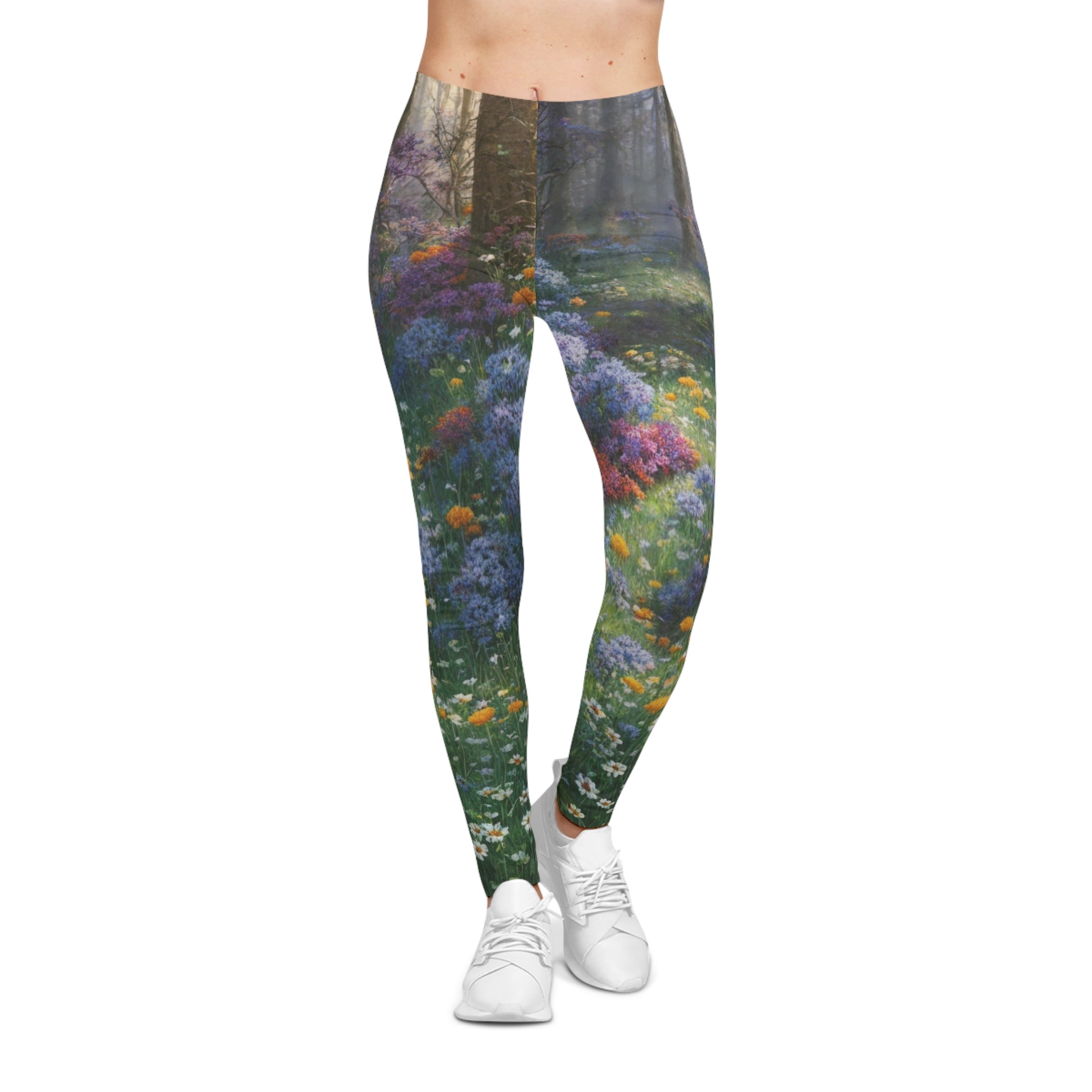 Women’s Casual Leggings (AOP) with Whispers of a Blooming Forest design, featuring a vivid floral woodland print. Artistic, elegant, and comfortable for yoga, streetwear, or daily wear.