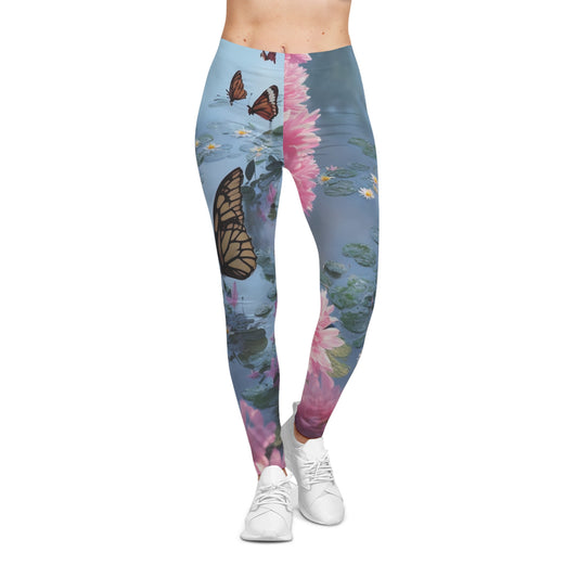Women’s Casual Leggings (AOP) with “Butterflies” design, featuring butterflies fluttering above waterlilies and blooms. Artistic, elegant, and comfy for yoga, lounging, or casual fashion.
