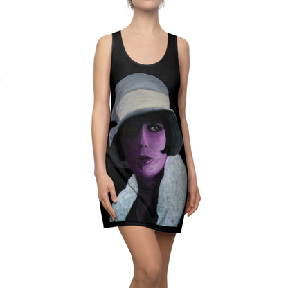 Art Deco Racerback Dress featuring a fine art 1920s portrait in deep violet and soft silver tones on black, cinematic vintage style. Lightweight, flattering cut; ideal for gallery events, creative studios, or elegant evening wear.