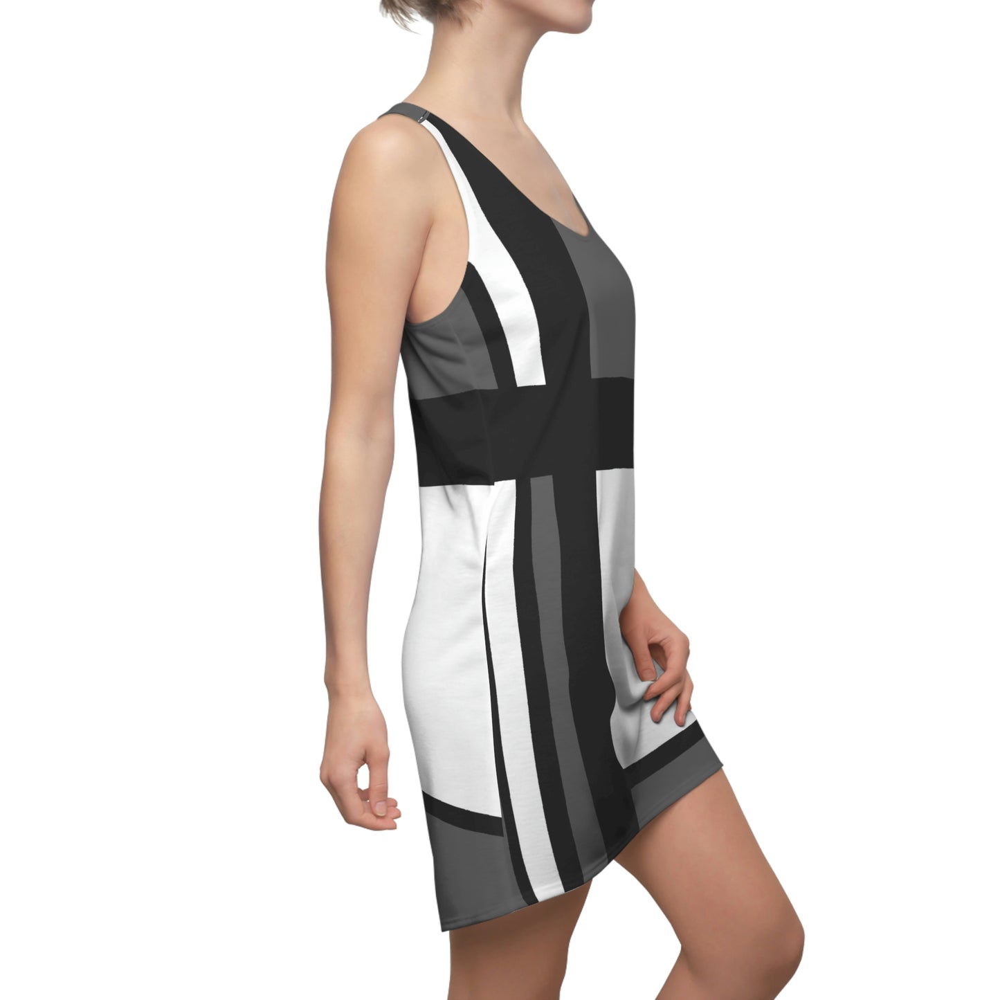 Racerback Dress – 60s 2 Black White & Gray Geometric Style