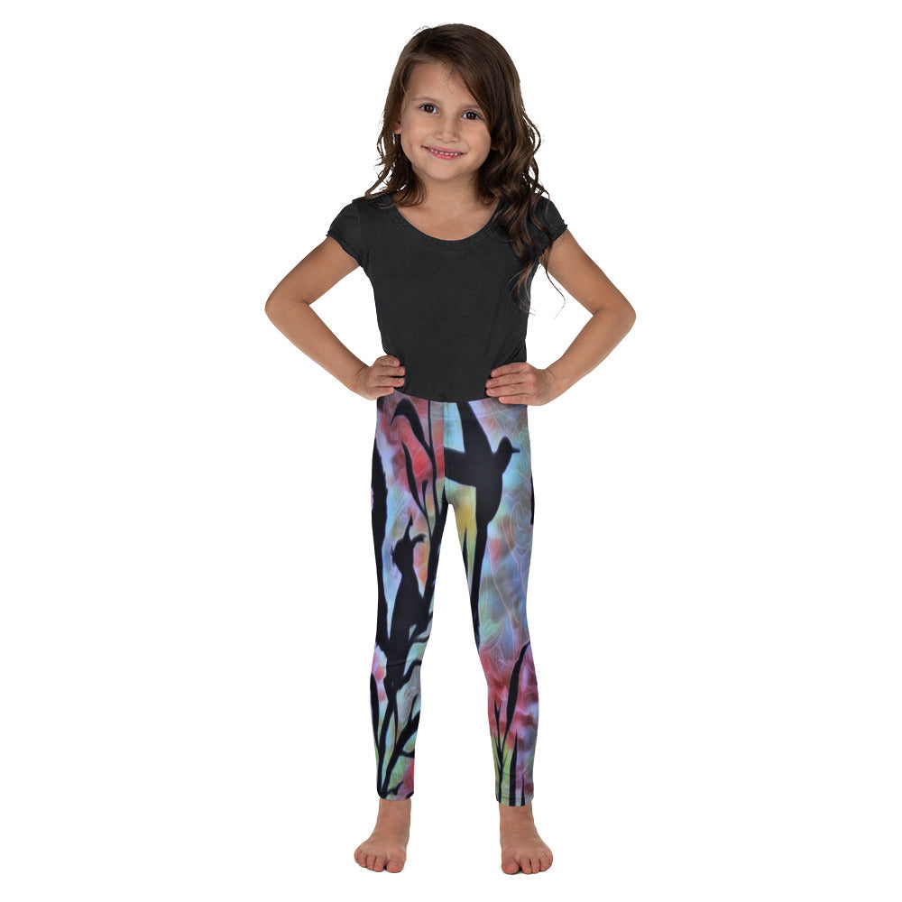 Kids leggings “Animals” featuring bird and squirrel silhouettes on colorful branches; playful, fantasy-inspired design for everyday wear (school, park, home