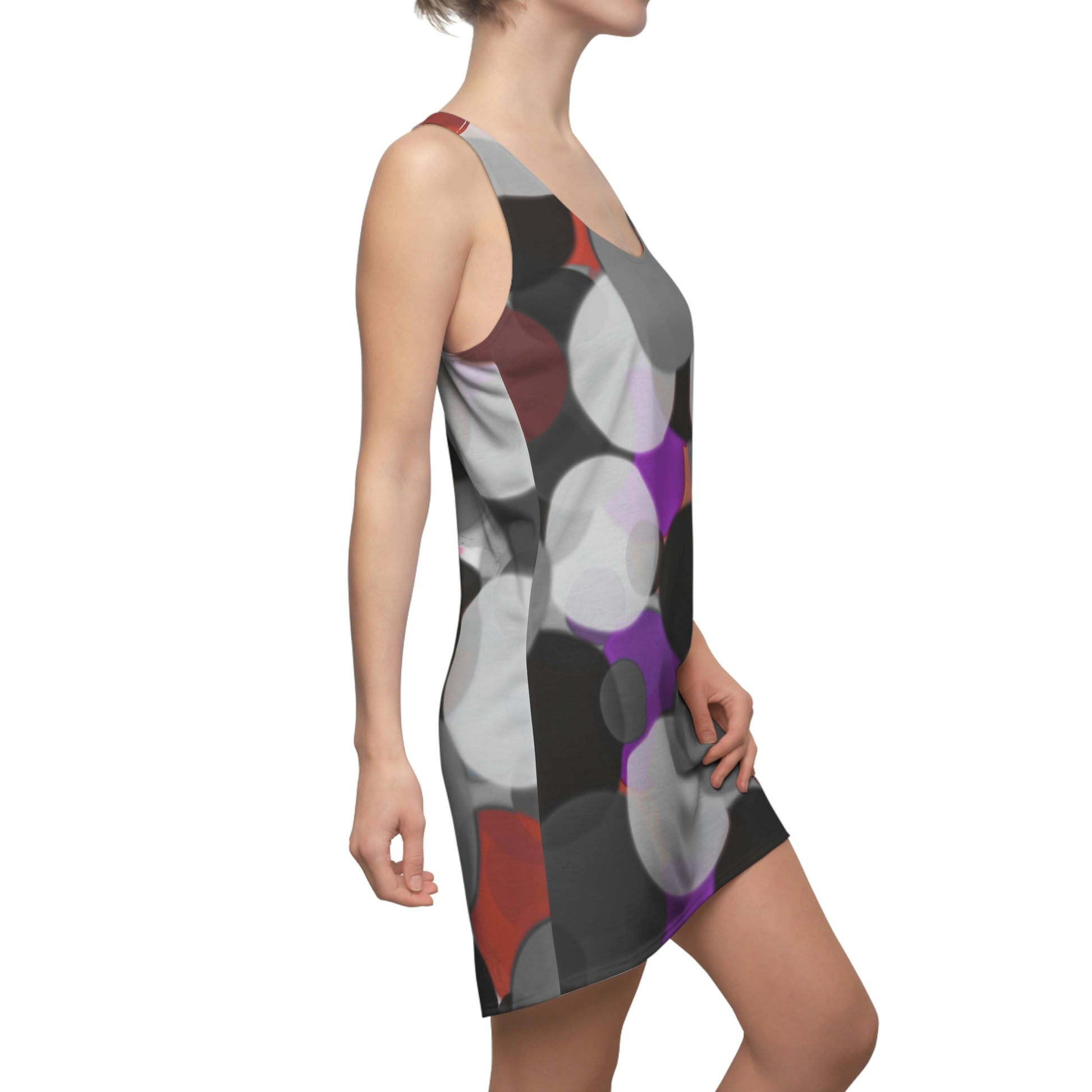 Les Ballons Racerback Dress with large abstract circles in gray, purple, red and white tones. Retro 1960s-inspired geometric design with smooth lines and artistic movement, ideal for creative, professional or casual wear.