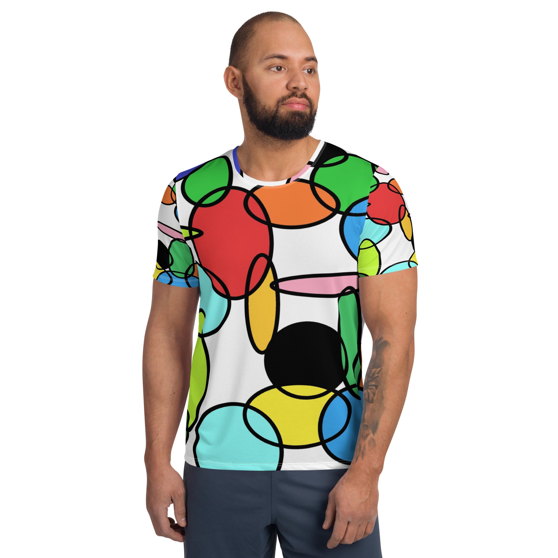 Men’s athletic t-shirt featuring the Chain retro abstract design with colorful geometric spheres and ovals inspired by 60s–70s pop art, offering bold vintage visual energy.
