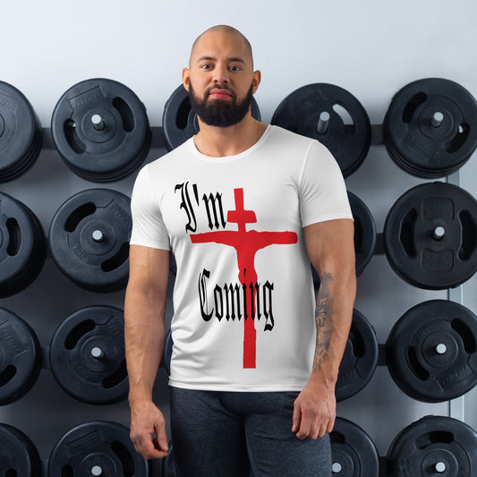 Men’s athletic t-shirt featuring the I’m Coming 2 gothic Christian design with a bold red cross and stylized lettering on a white background.