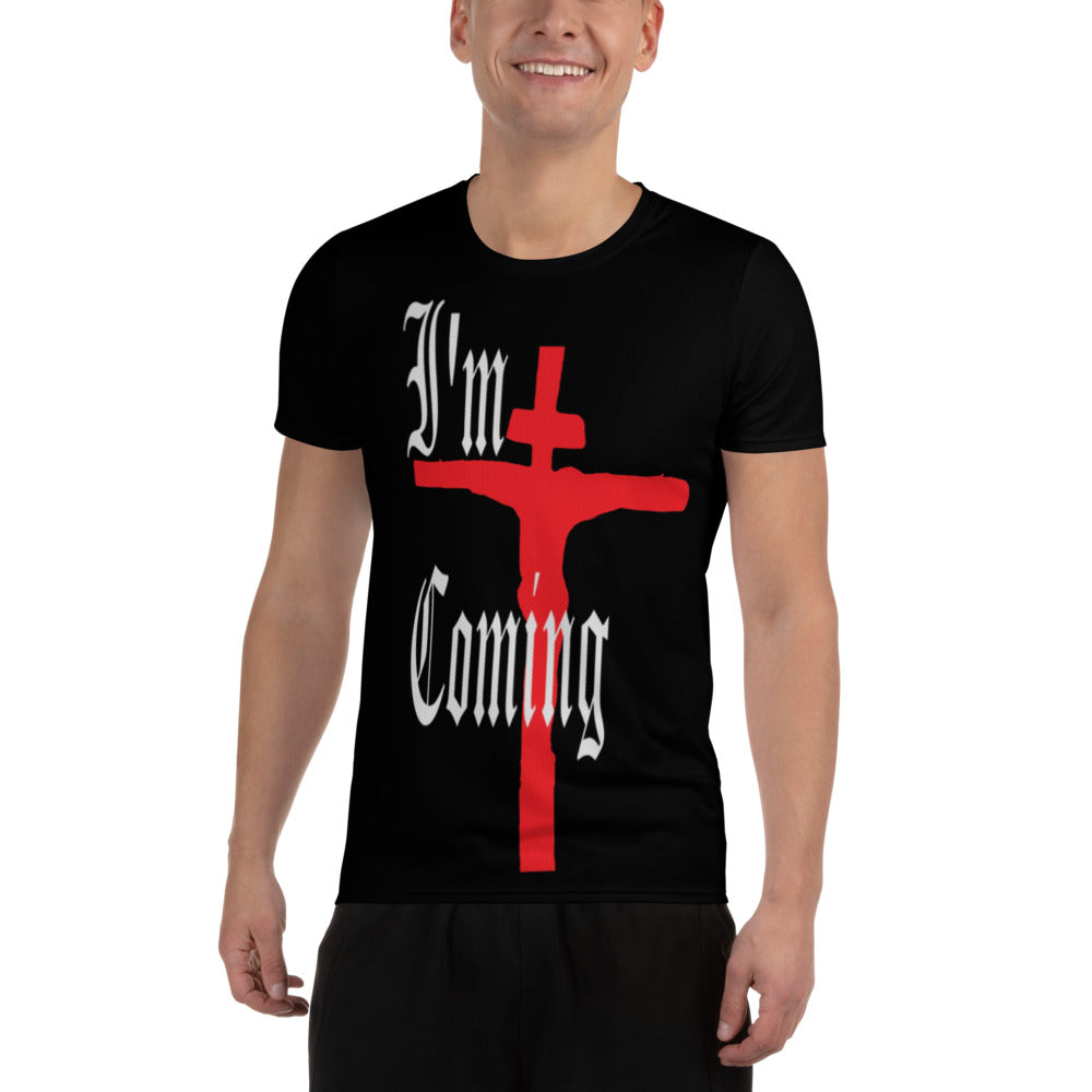 Men’s athletic t-shirt featuring the I’m Coming gothic Christian art design with a bold red cross and stylized lettering on a black background.