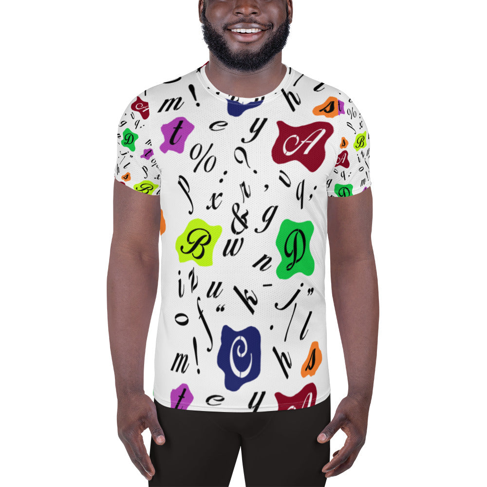 Men’s athletic t-shirt featuring the Letters design with colorful retro shapes and a dynamic arrangement of letters, symbols and punctuation marks in abstract typographic style.