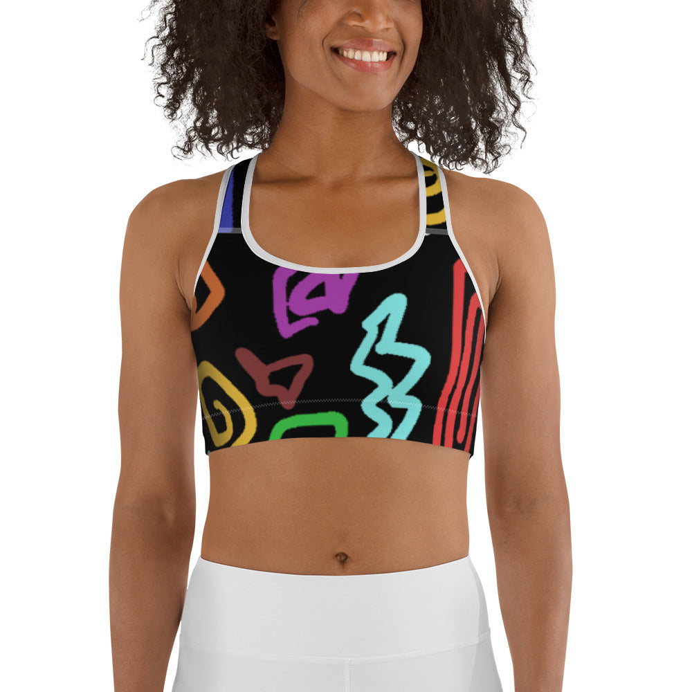 Sports bra with colorful abstract hieroglyphic shapes on a black background – vintage-style design by allmyart.net