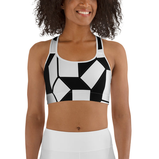 Black and white geometric sports bra with retro 60s design and French artistic flair