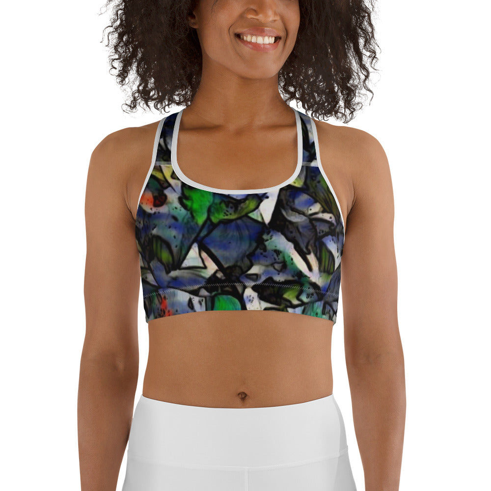 Sports bra featuring an impressionist floral design with blue, green, and red tones. Inspired by wild nature and artistic garden landscapes
