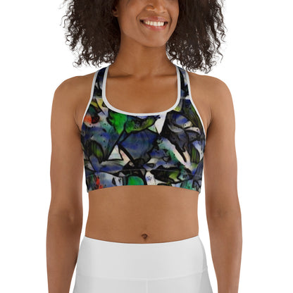 Sports bra featuring an impressionist floral design with blue, green, and red tones. Inspired by wild nature and artistic garden landscapes