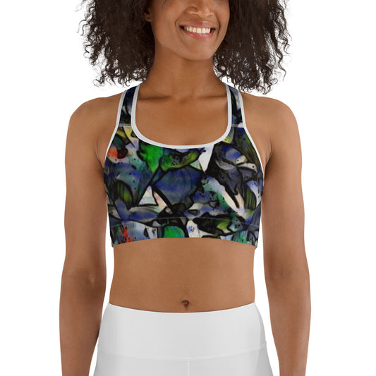 Sports bra featuring an impressionist floral design with blue, green, and red tones. Inspired by wild nature and artistic garden landscapes