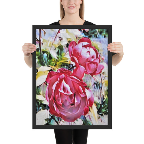 a woman holding a pink flower in a vase 