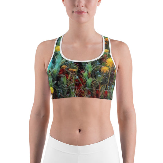 Woman wearing a nature-inspired sports bra with dense vegetation, dandelions, and wildflowers in vibrant colors. Floral garden design by allmyart.net for yoga, gym, or nature lovers.