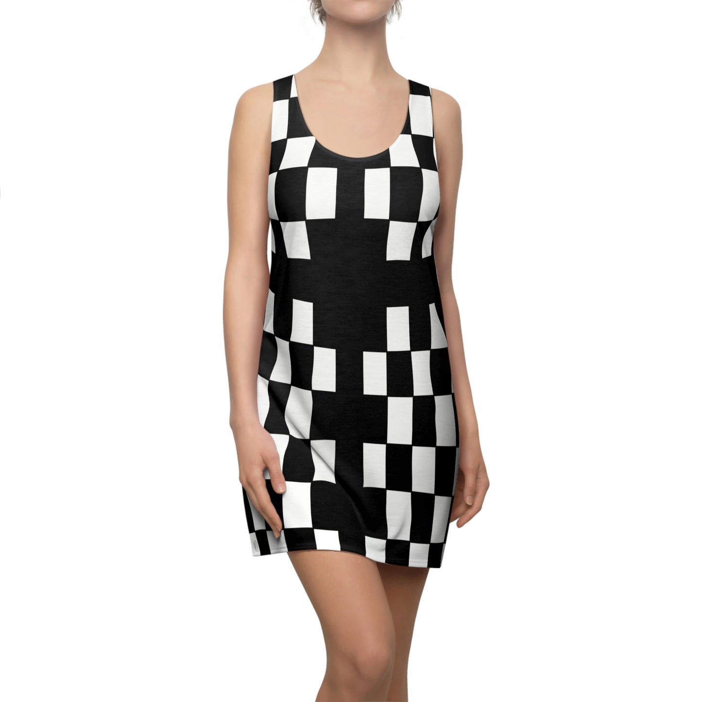 Women’s Cut & Sew Racerback Dress featuring the Optic 60s Vintage Design – black and white checker Op Art pattern inspired by the 1960s era, combining retro vibe and modern elegance for artistic and fashion-forward women.