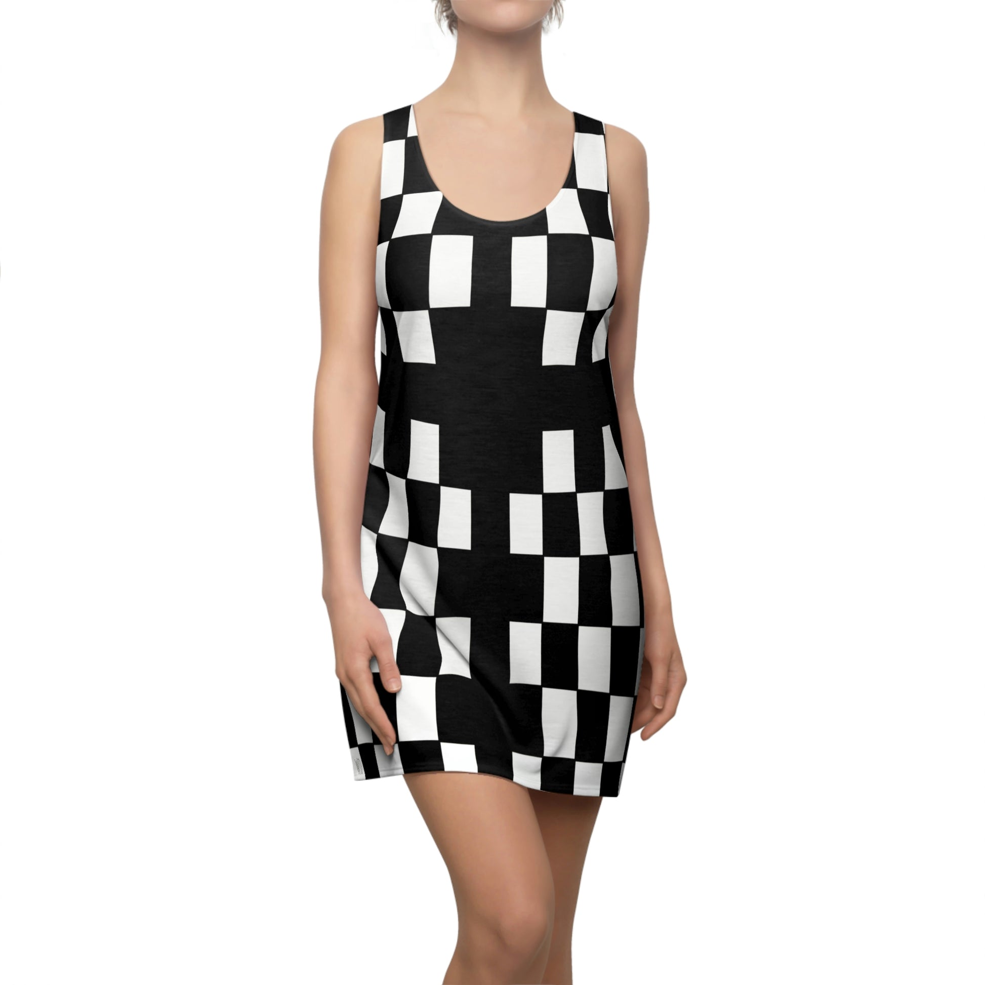 Women’s Cut & Sew Racerback Dress featuring the Optic 60s Vintage Design – black and white checker Op Art pattern inspired by the 1960s era, combining retro vibe and modern elegance for artistic and fashion-forward women.