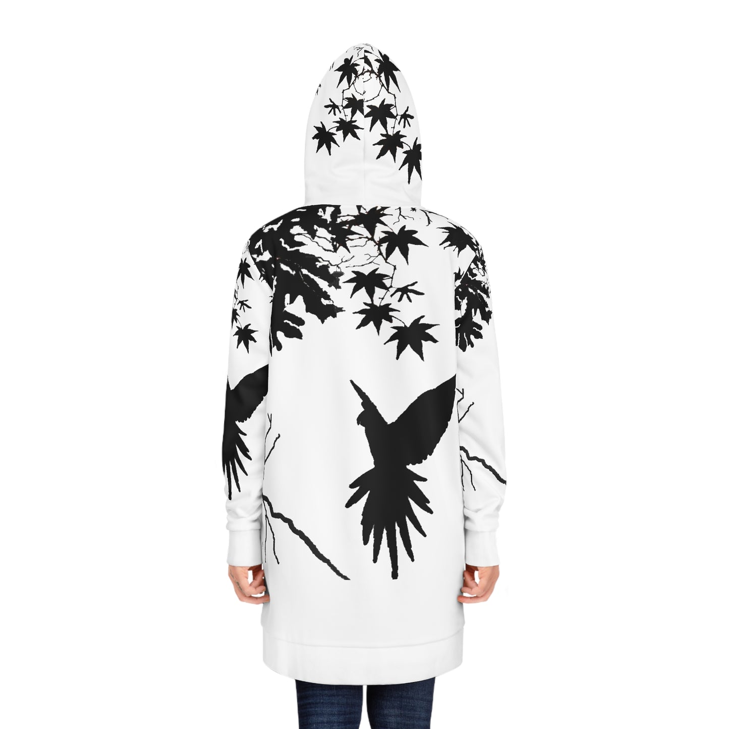 Women’s Hoodie Dress – Black Bird Serenity featuring bold bird silhouette on branch with Japanese maple leaves, black and white minimalist nature-inspired design.