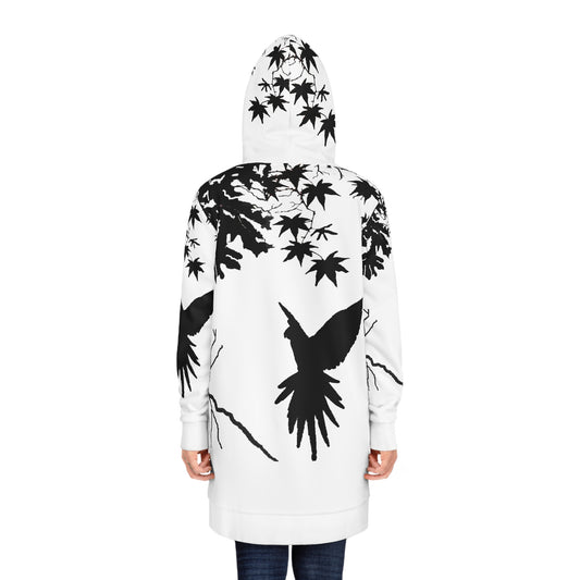Women’s Hoodie Dress – Black Bird Serenity featuring bold bird silhouette on branch with Japanese maple leaves, black and white minimalist nature-inspired design.