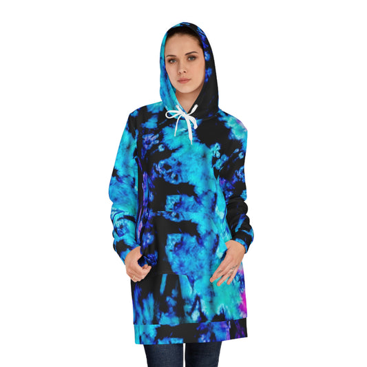 Women’s Hoodie Dress – Cosmic Blue design with bold tie-dye-inspired abstract pattern, aqua blue, indigo, and violet on black for artistic streetwear style.