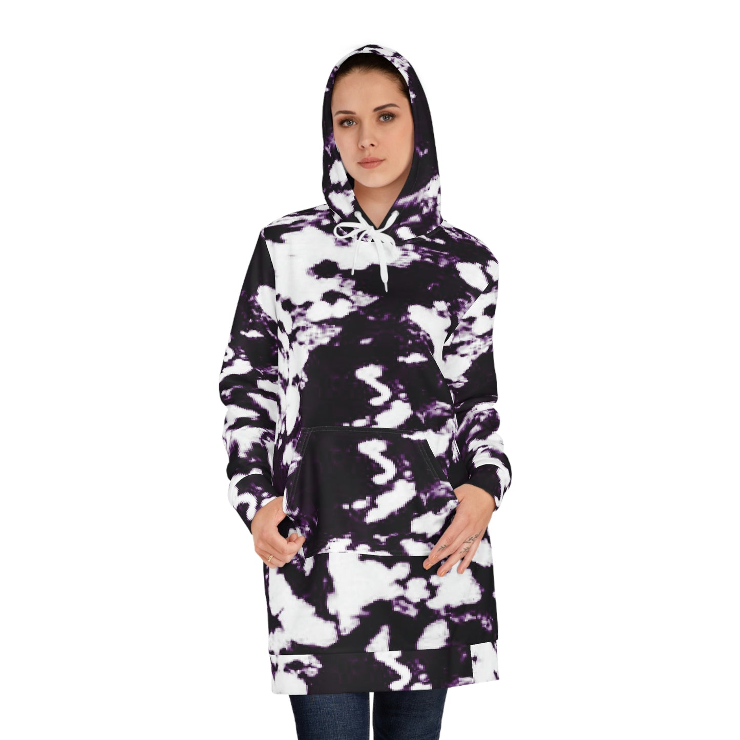 Women’s Hoodie Dress – Monochrome Flow with black and white abstract tie-dye design, bold contrast marbled effect, modern minimalist streetwear for women.