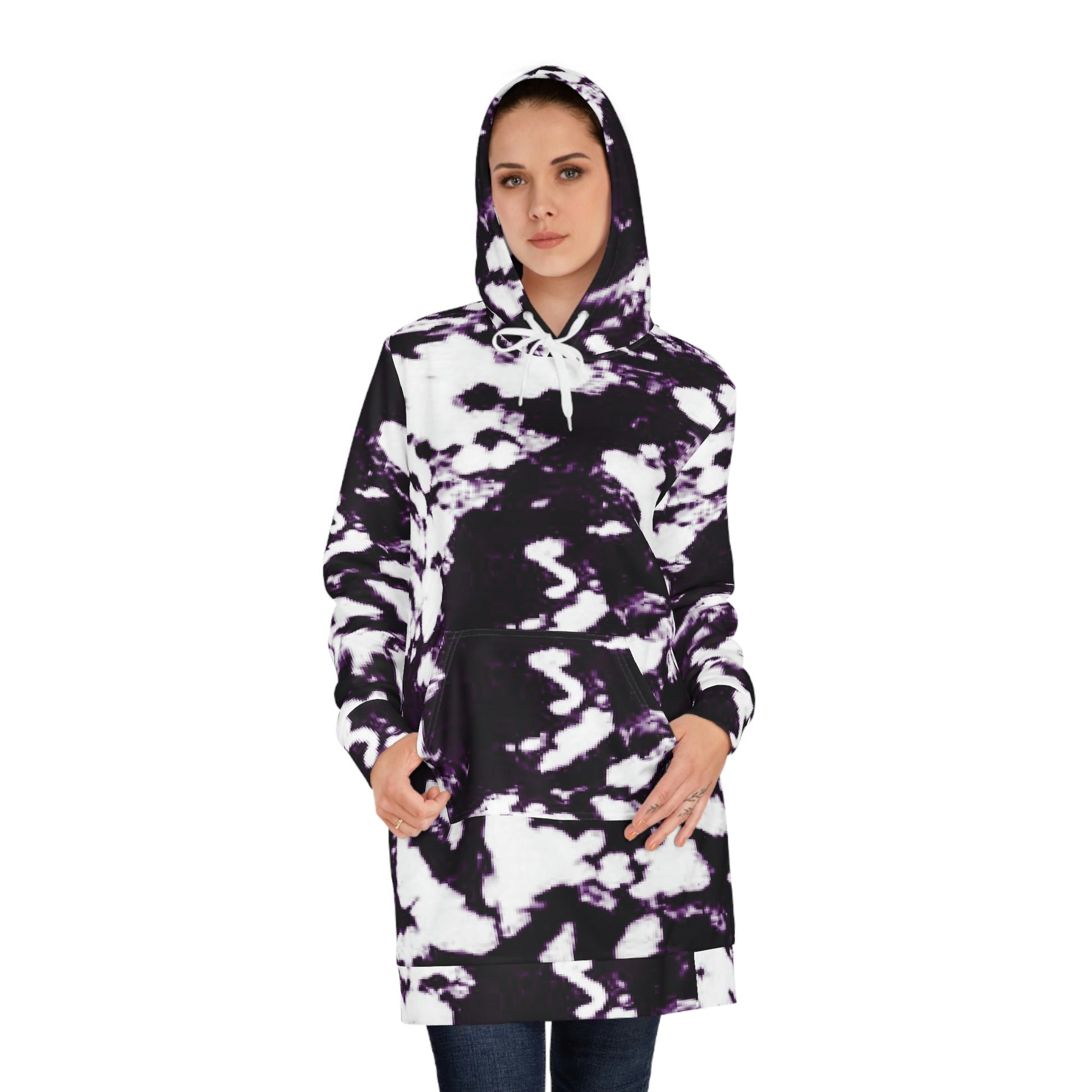 Women’s Hoodie Dress – Monochrome Flow with black and white abstract tie-dye design, bold contrast marbled effect, modern minimalist streetwear for women.