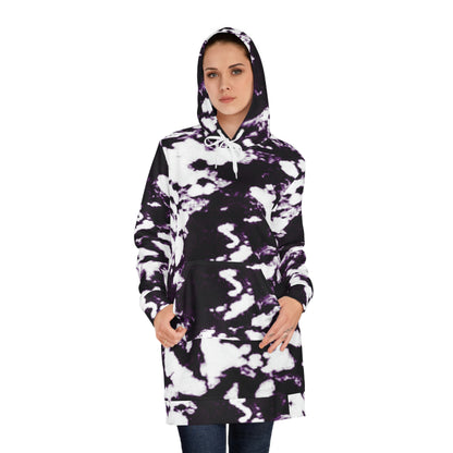 Women’s Hoodie Dress – Monochrome Flow with black and white abstract tie-dye design, bold contrast marbled effect, modern minimalist streetwear for women.