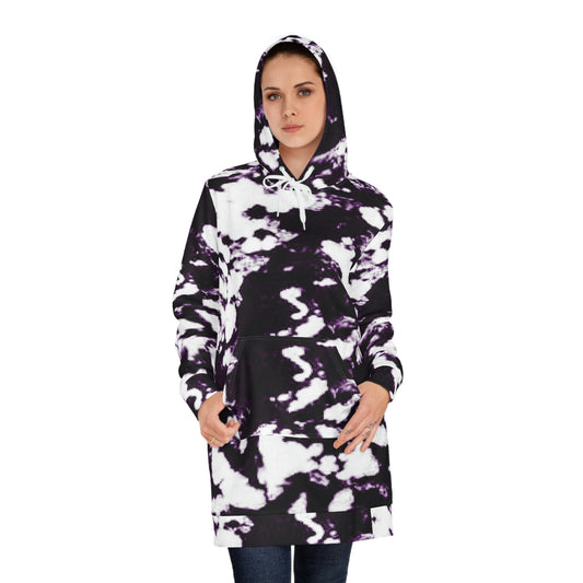 Women’s Hoodie Dress – Monochrome Flow with black and white abstract tie-dye design, bold contrast marbled effect, modern minimalist streetwear for women.