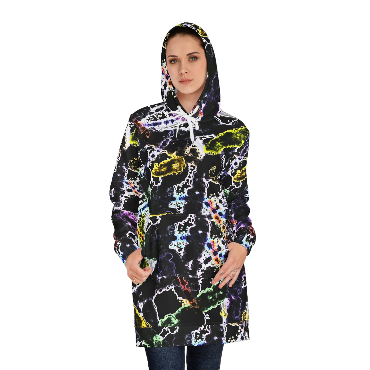 Women’s Hoodie Dress – Organisms design with vibrant abstract patterns inspired by microscopic life, featuring electric colors on black for a bold artistic streetwear look.