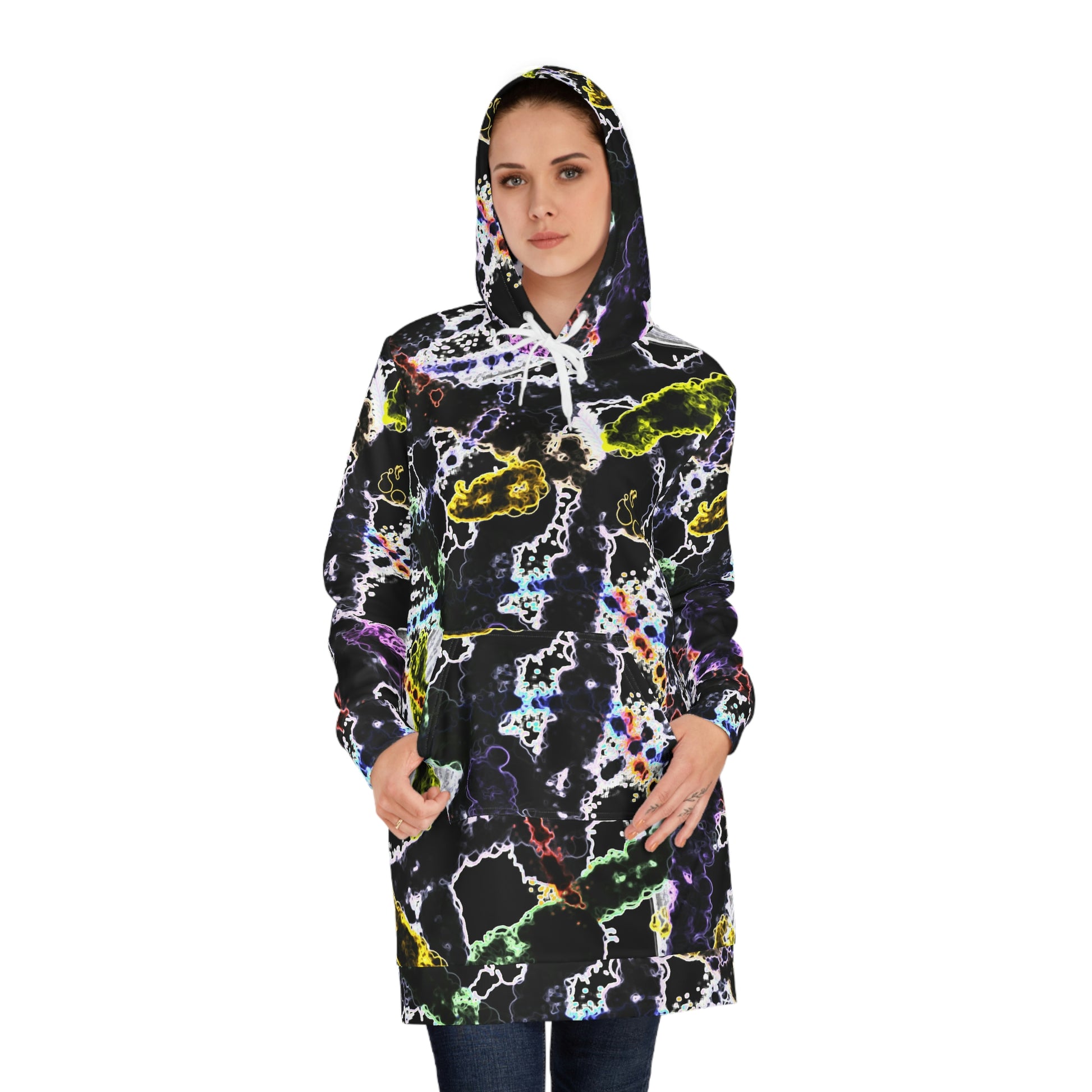 Women’s Hoodie Dress – Organisms design with vibrant abstract patterns inspired by microscopic life, featuring electric colors on black for a bold artistic streetwear look.