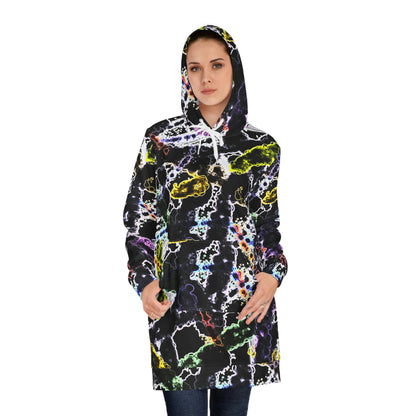 Women’s Hoodie Dress – Organisms design with vibrant abstract patterns inspired by microscopic life, featuring electric colors on black for a bold artistic streetwear look.