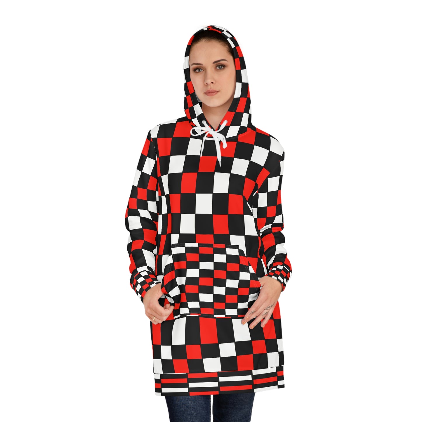Women’s Hoodie Dress – Retro Checkerboard design featuring bold 60s-inspired red, black, and white warped patterns, blending vintage mod fashion with modern streetwear.