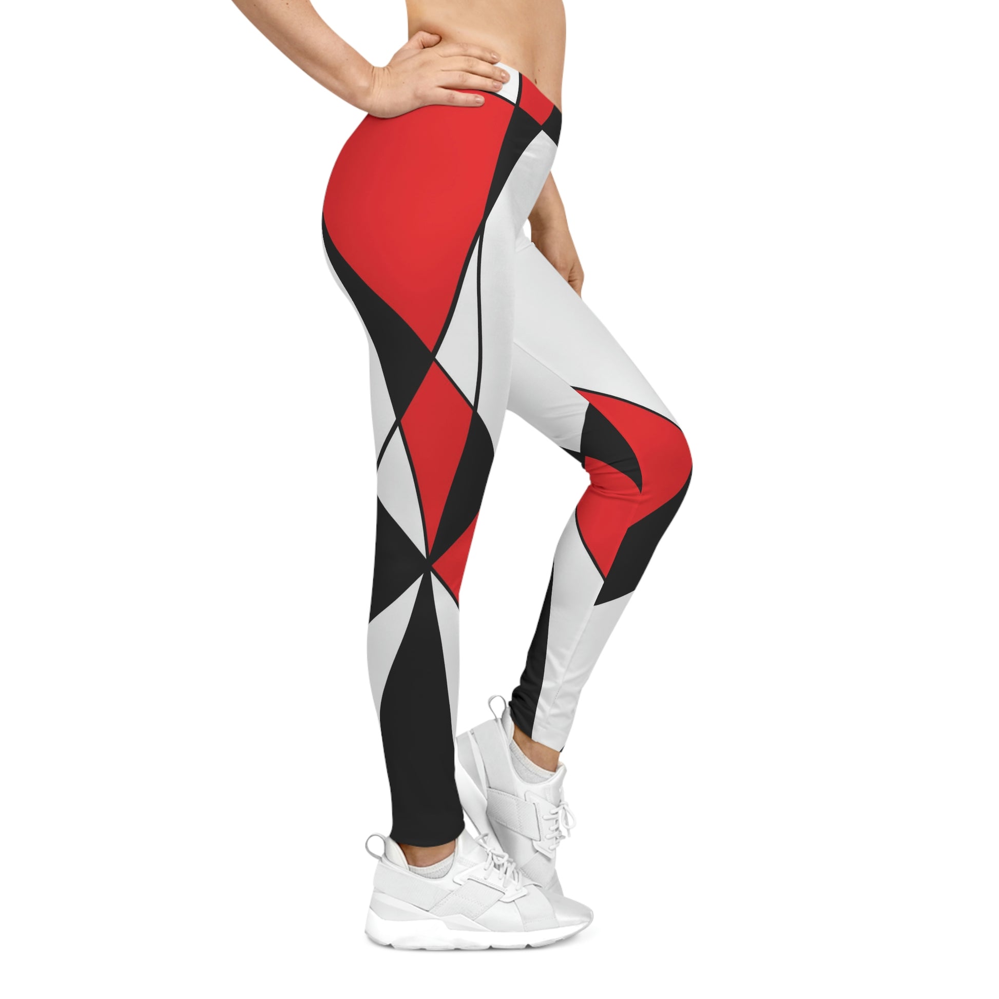 Women’s Casual Leggings featuring red, black, and white geometric 60s design, abstract retro pattern, stretchy breathable fabric, ideal for yoga, streetwear, or daily wear.